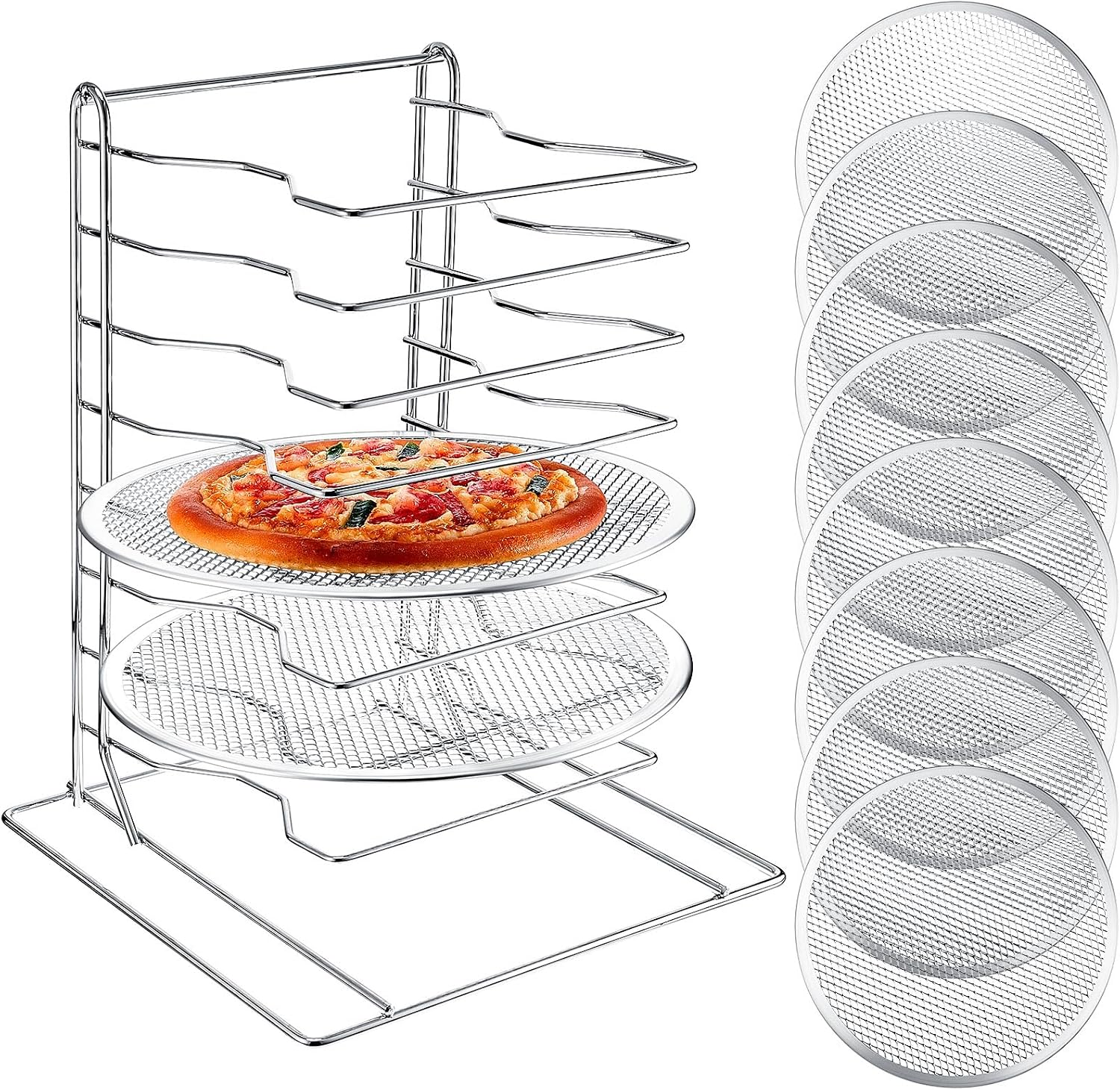 Baking Kitchen Set - ピザラック 8段スタンド、穴あきアルミ製ベーキングパン8枚付き、業務用ピザ陳列棚、家庭用・レストラン・キッチン用カウンタートップ冷却ラックセット、12インチ