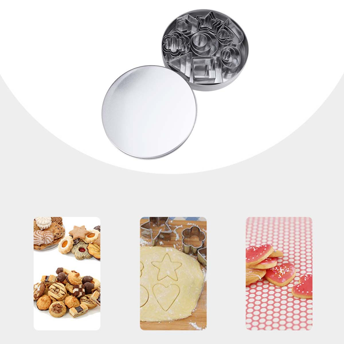 24個入りクッキー型セット。ステンレス製で、ミニサイズの幾何 - Baking Kitchen Set のレビューと価格